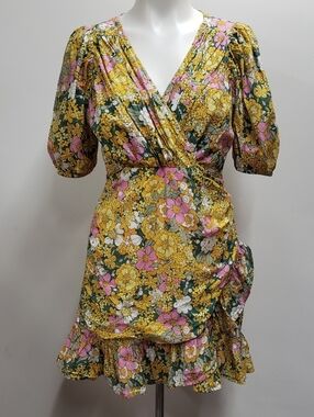 Rahi Puff Shoulder Floral Print Petra Mini Dress Women Medium V Neck Faux Wrap